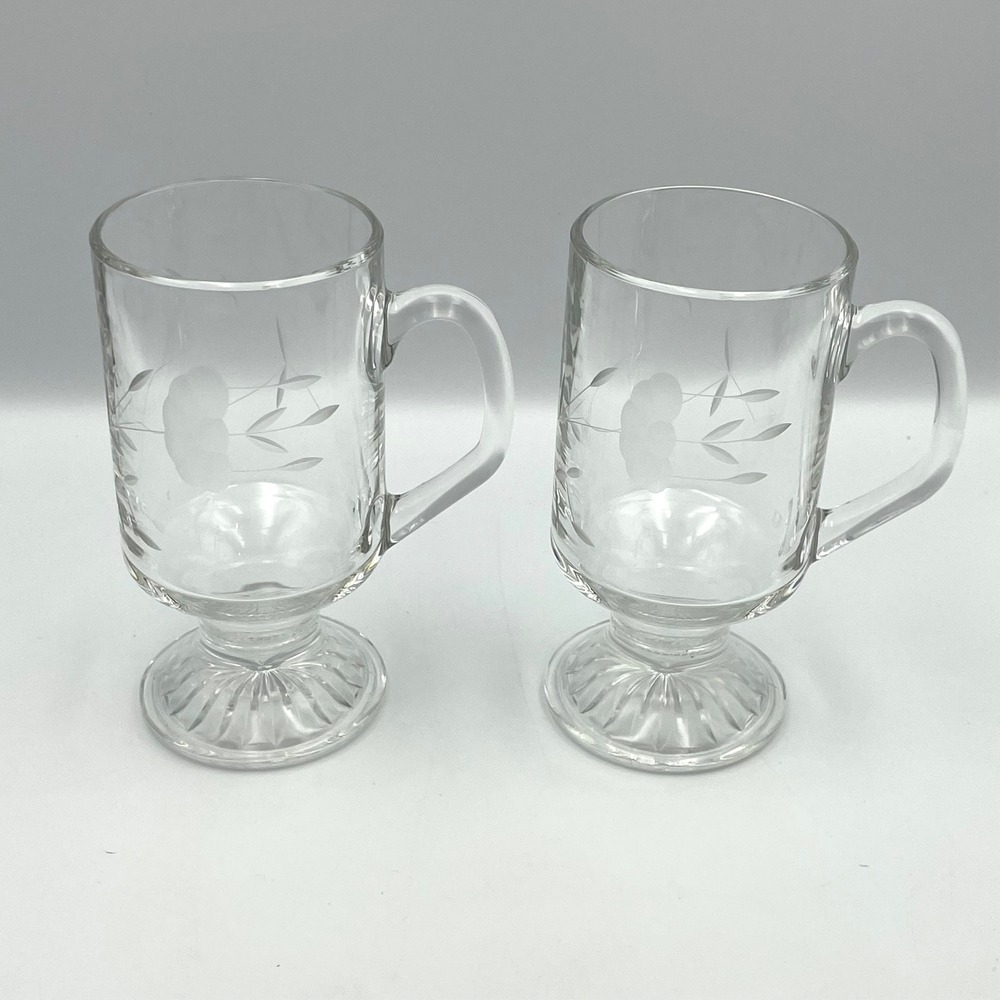Vintage 1980s Princess House Heritage Etched Glass Footed Mugs‎ Set of 2 France